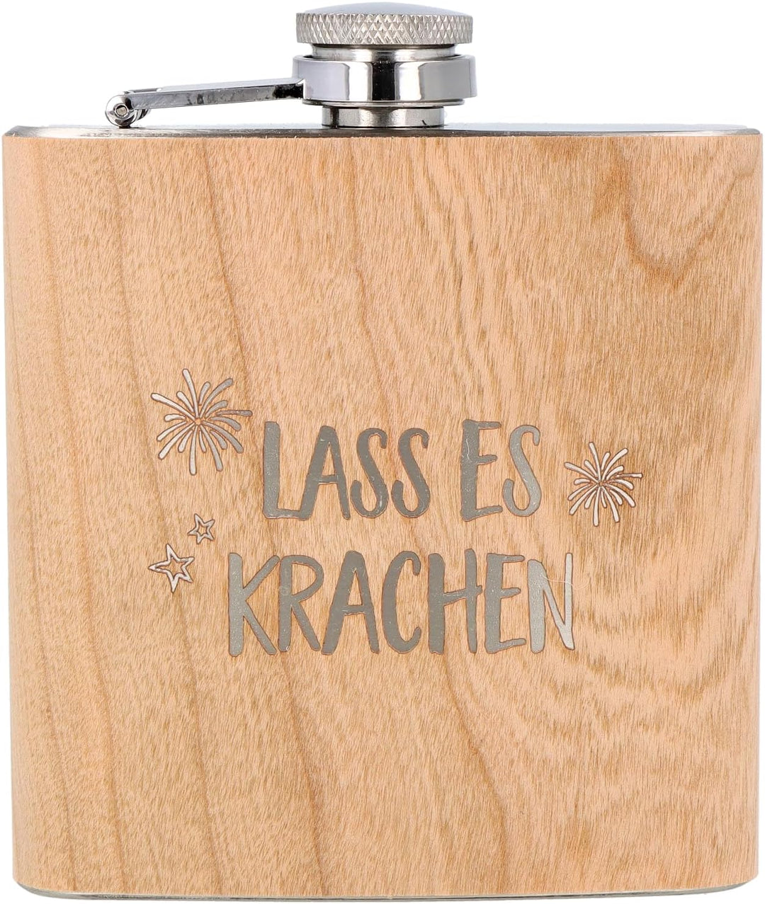 Spruchreif | Flachmann aus Edelstahl mit Gravur "Lass es krachen" | Flachmann aus Holz 170 ml | Gesc