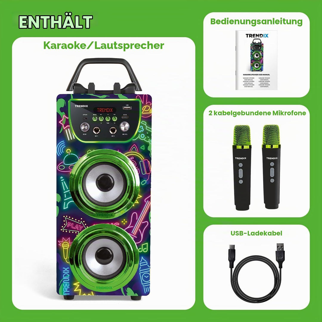 Trendix - Karaoke Maschine Kinder Neon World | Karaoke Anlage Mit 2 Mikrofonen | Musikbox Kinder Rad