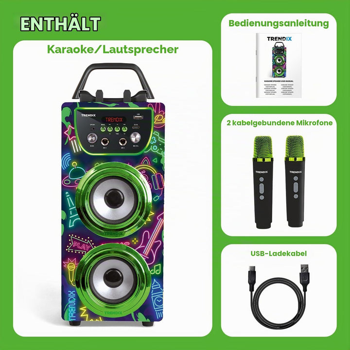Trendix - Karaoke Maschine Kinder Neon World | Karaoke Anlage Mit 2 Mikrofonen | Musikbox Kinder Rad