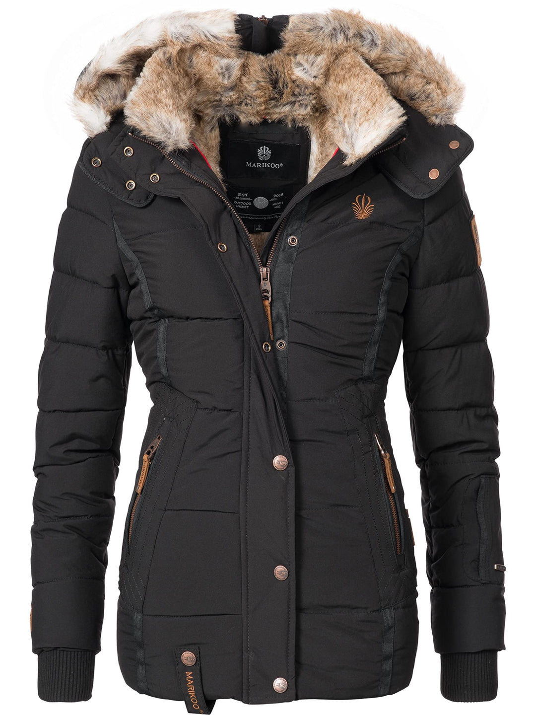 MARIKOO Damen Winterjacke warme Steppjacke mit Kunstfell Innenfutter Nekoo XS-3XL M Schwarz, M Schwa