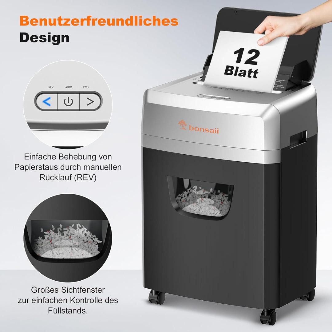 Bonsaii Aktenvernichter mit Automatik-Zuführ für 160 Blätter, P-4 Kreuzschnitt, 60 Min Dauerbetrieb,