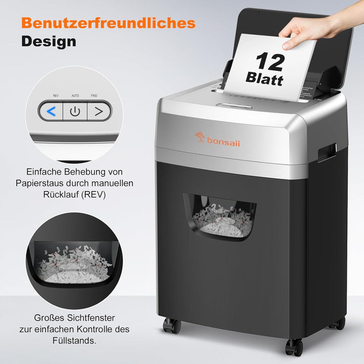 Bonsaii Aktenvernichter mit Automatik-Zuführ für 160 Blätter, P-4 Kreuzschnitt, 60 Min Dauerbetrieb,