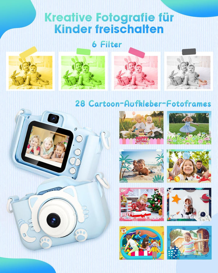 Kinderkamera für Mädchen Jungen, 3-12 Jahre, 2.0”Display Digitalkamera, Doppelobjektiv, 32GB SD-Kart