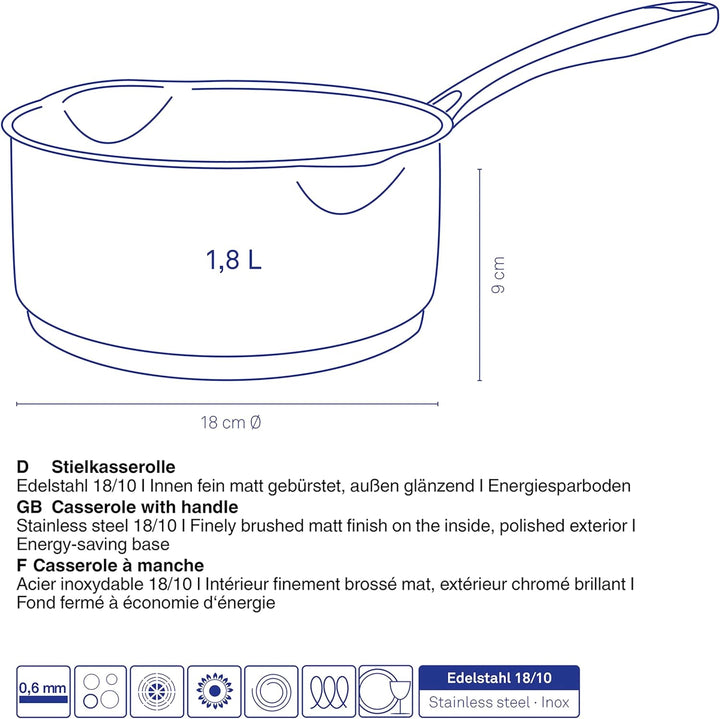 Kela 10182 Flavoria Stielkasserolle, 18/8 Stainless Steel, 1.8 liters, Edelstahl 1,8 l, 1,8 l