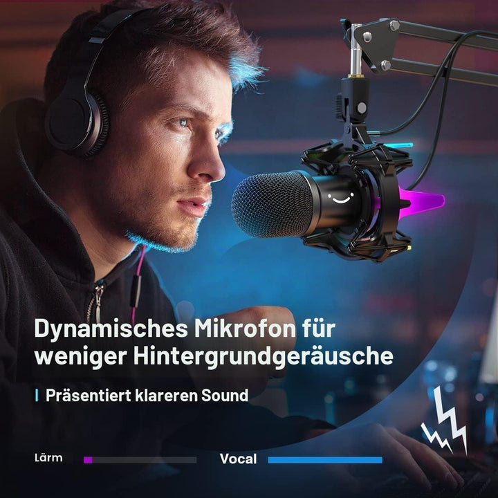 FIFINE Gaming Mikrofon PC mit Arm, 8 RGB Steuerungsmodi USB Microphone für MAC PS4 PS5, Dynamisches