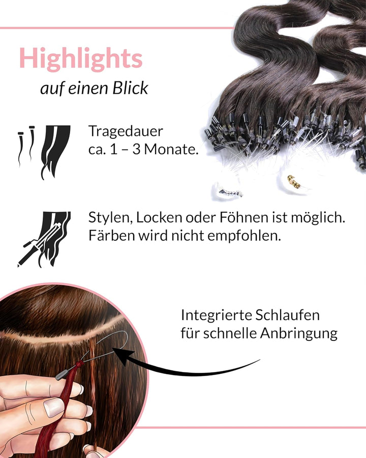 hair2heart Microring Extensions Echthaar Gewellt - 50 Strähnen 0.5g 50cm 4/0 mittelbraun 50cm 50 Str