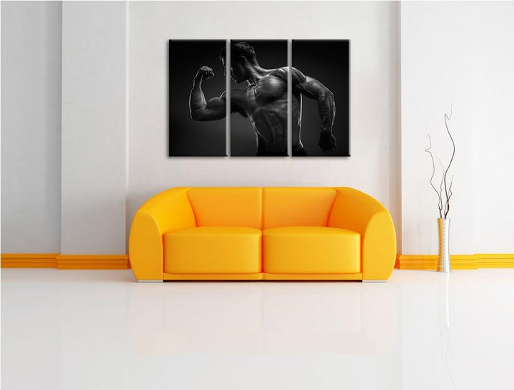 Dark Posender Bodybuilder schwarz/weiss 3-Teiler Leinwandbild 120x80 Bild auf Leinwand, XXL riesige