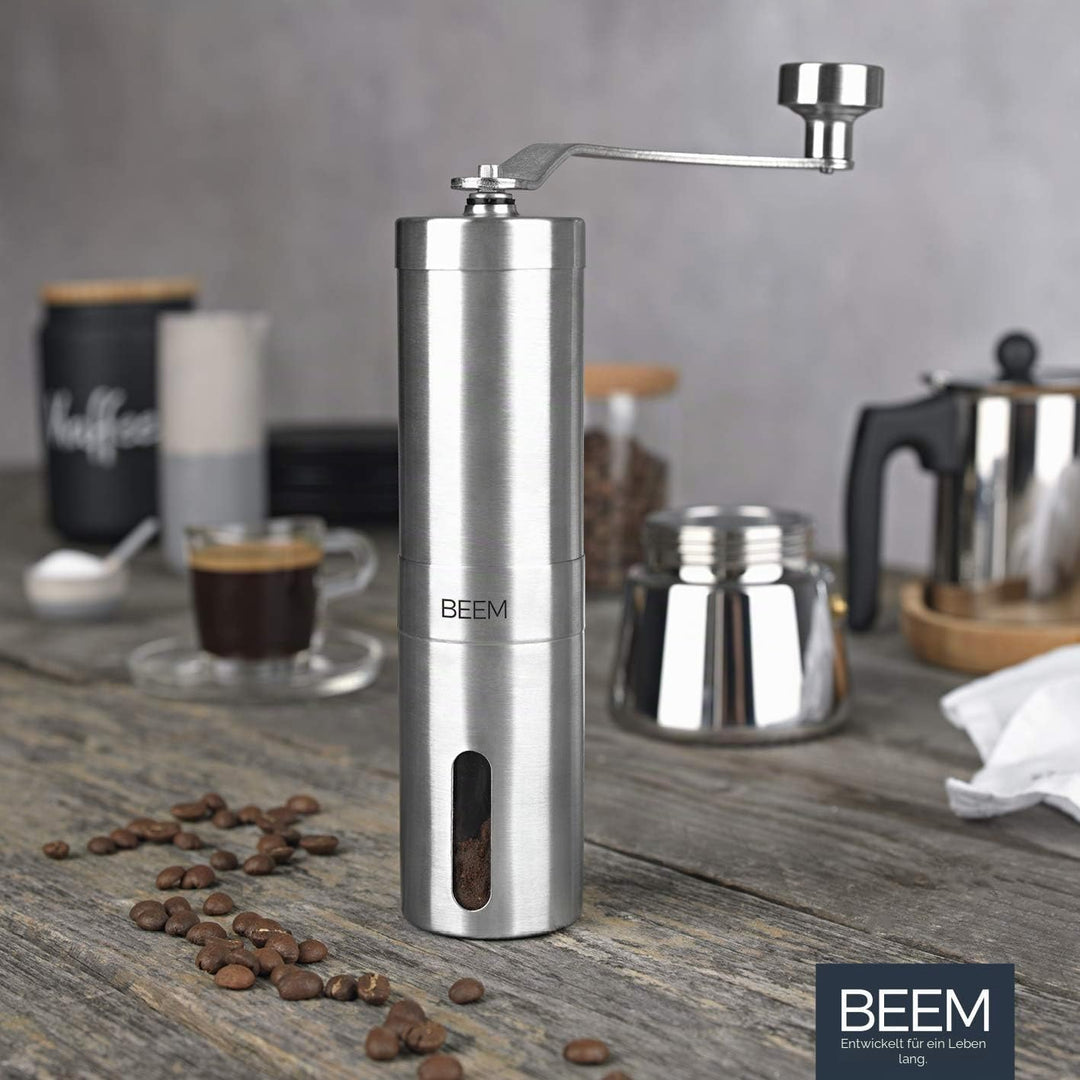 BEEM GRIND-2-GO Manuelle Kaffeemühle – 40 g | Kegelmahlwerk | Mahlgrad-Einstellung stufenlos | Baumw