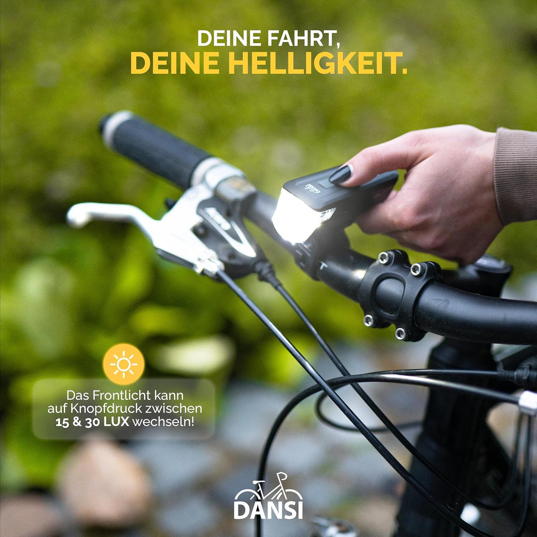DANSI Fahrradleuchten-Set StVZO I LED-Fahrradlicht I Rad-Licht hell vorne 30/15 Lux, Akku-Leuchtense