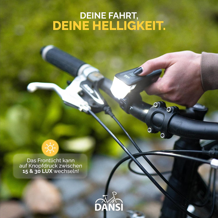 DANSI Fahrradleuchten-Set StVZO I LED-Fahrradlicht I Rad-Licht hell vorne 30/15 Lux, Akku-Leuchtense