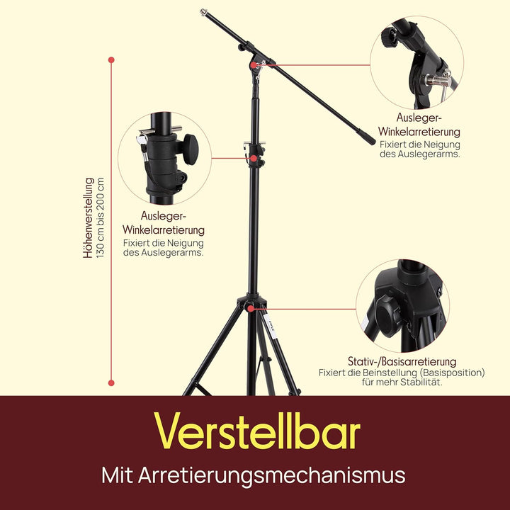 Pyle Mikrofonständer mit Galgenarm – Schweres Mikrofonstativ höhenverstellbar 130–200cm, stabil, 5/8