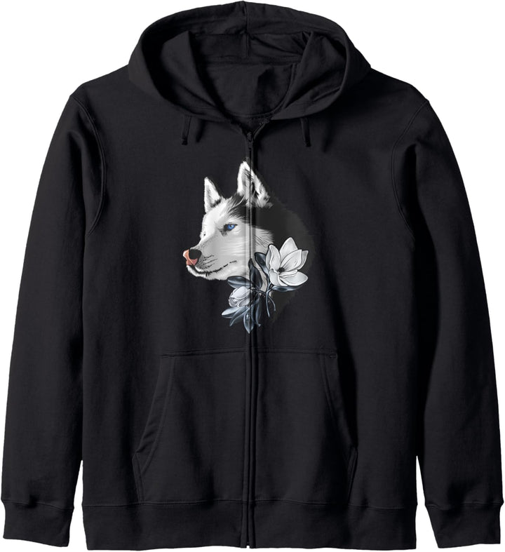 Sibirischer Husky Hund mit Magnolia Blumen Kapuzenjacke