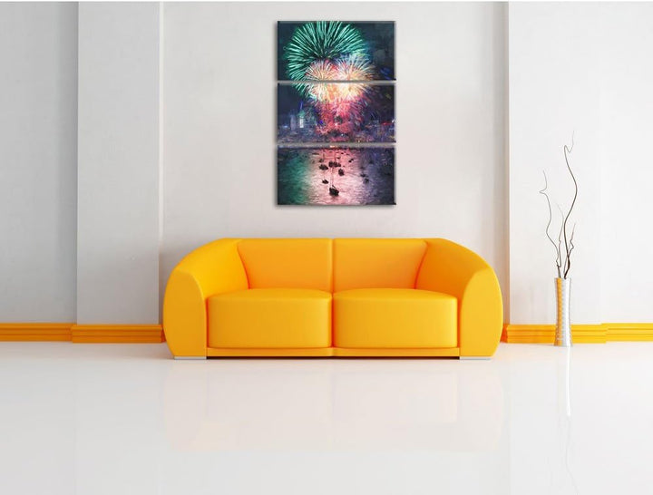 Pixxprint Boot auf See mit Feuerwerk Pinsel Effekt 3-Teiler Leinwandbild 120x80 Bild auf Leinwand