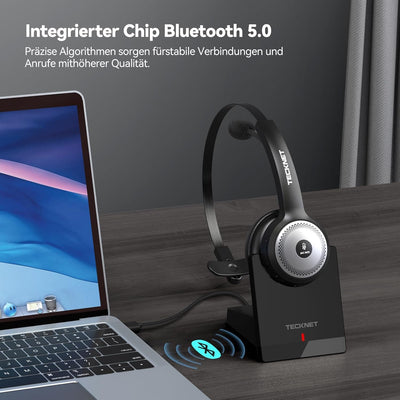 TECKNET Bluetooth Headset mit Mikrofon, PC Headset mit AI Rauschunterdrückung, kabelloses Headset mi