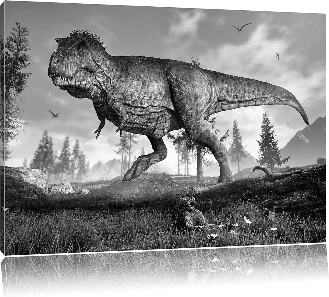 Pixxprint T-Rex Dinosaurier in der Natur Kunst B&W, Format: 100x70 auf Leinwand, 100x70
