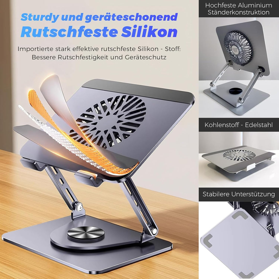 Laptop Ständer aus Aluminium, 360° Drehbar, Faltbar, mit Magnetischem Lüfter für Kühlung, Kompatibel