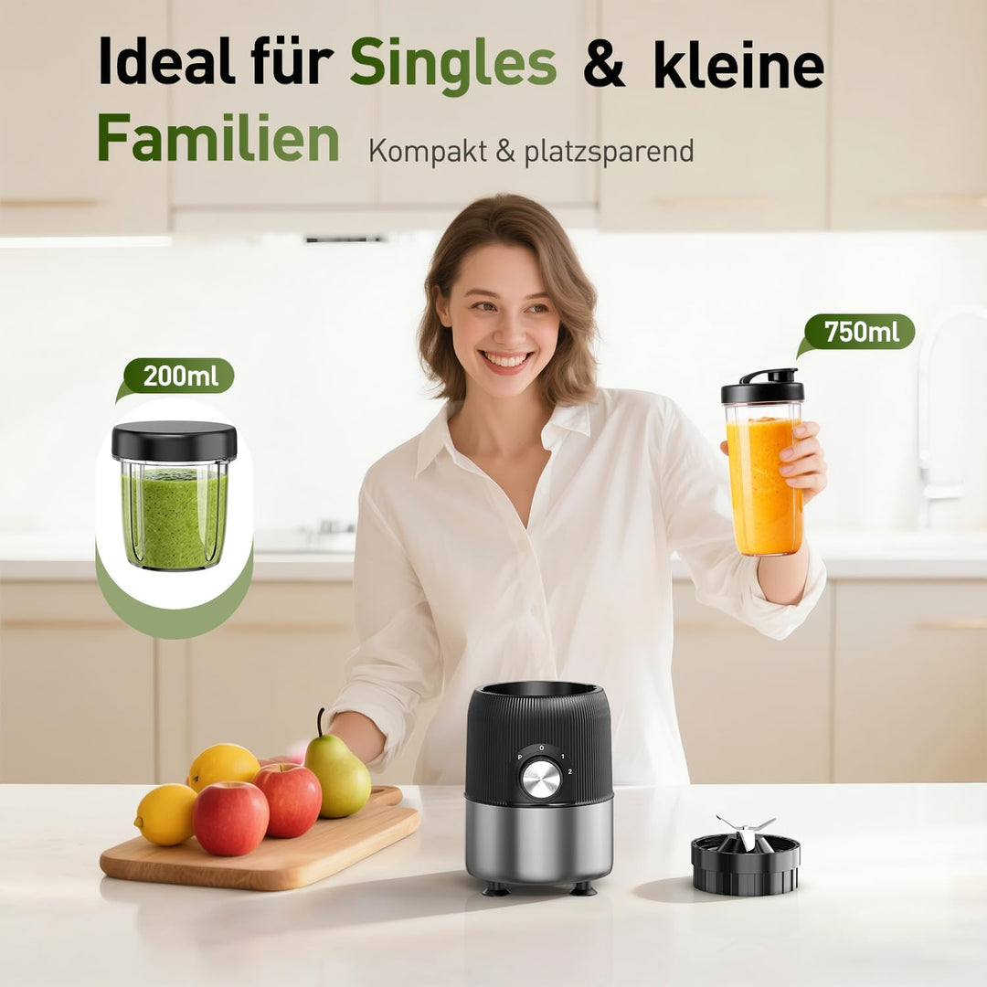 Ombrex Standmixer 500W & Smoothie Maker, Kompakter Blender für die Küche, 2 Mixbecher 750ml & 200ml,