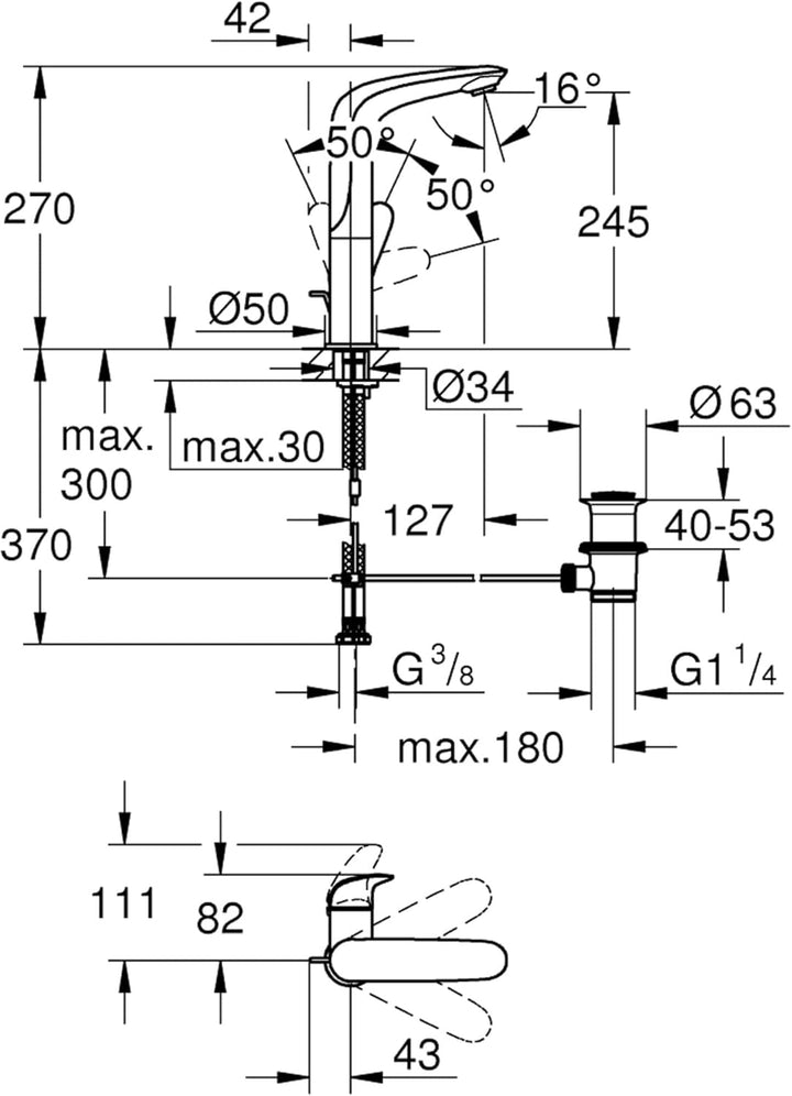 GROHE Wave - Einhand- Waschtischarmatur (wassersparend, L-Size, schnelle Befestigung, inkl. Montagew