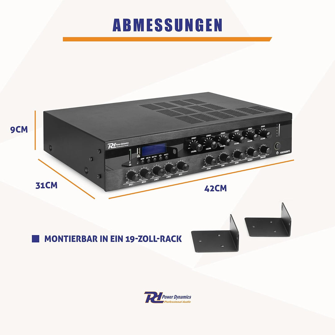 Power Dynamics PDW500MP3 - Verstärker, PA Mixer, 6-Zonen-Verstärker, 500 Watt, Bluetooth, MP3, für 1