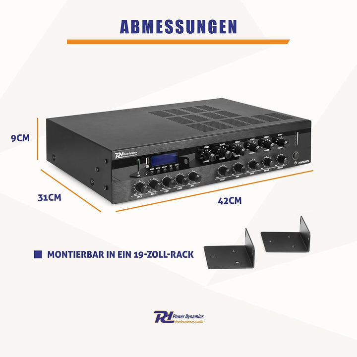 Power Dynamics PDW500MP3 - Verstärker, PA Mixer, 6-Zonen-Verstärker, 500 Watt, Bluetooth, MP3, für 1