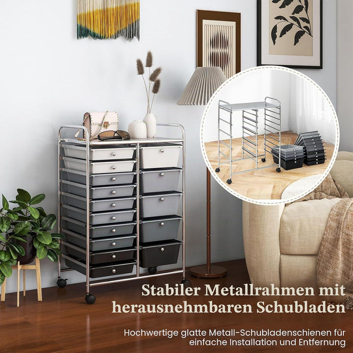 KOMFOTTEU Trolley mit 15 Schubladen, stapelbar, Verriegelungsrollen, metallschoniger Rahmen, für Bür