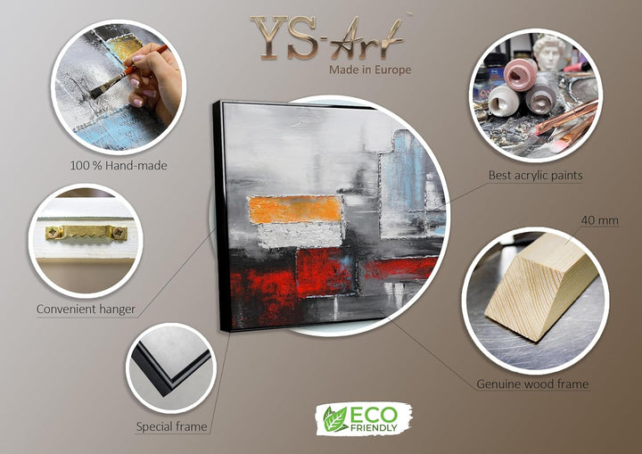 YS-Art Abstrakt Acryl Gemälde auf Leinwand Abstraktion in rot-grauen Farben handgemalt Wandbilder Wo