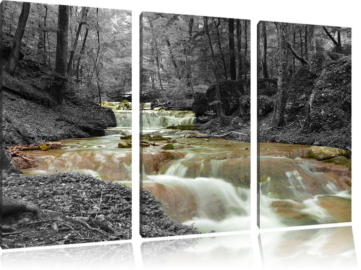 Pixxprint Waldbach im Herbst als Leinwandbild/Grösse: 3 Teilig (120x80) cm/Wandbild/Kunstdruck/ferti