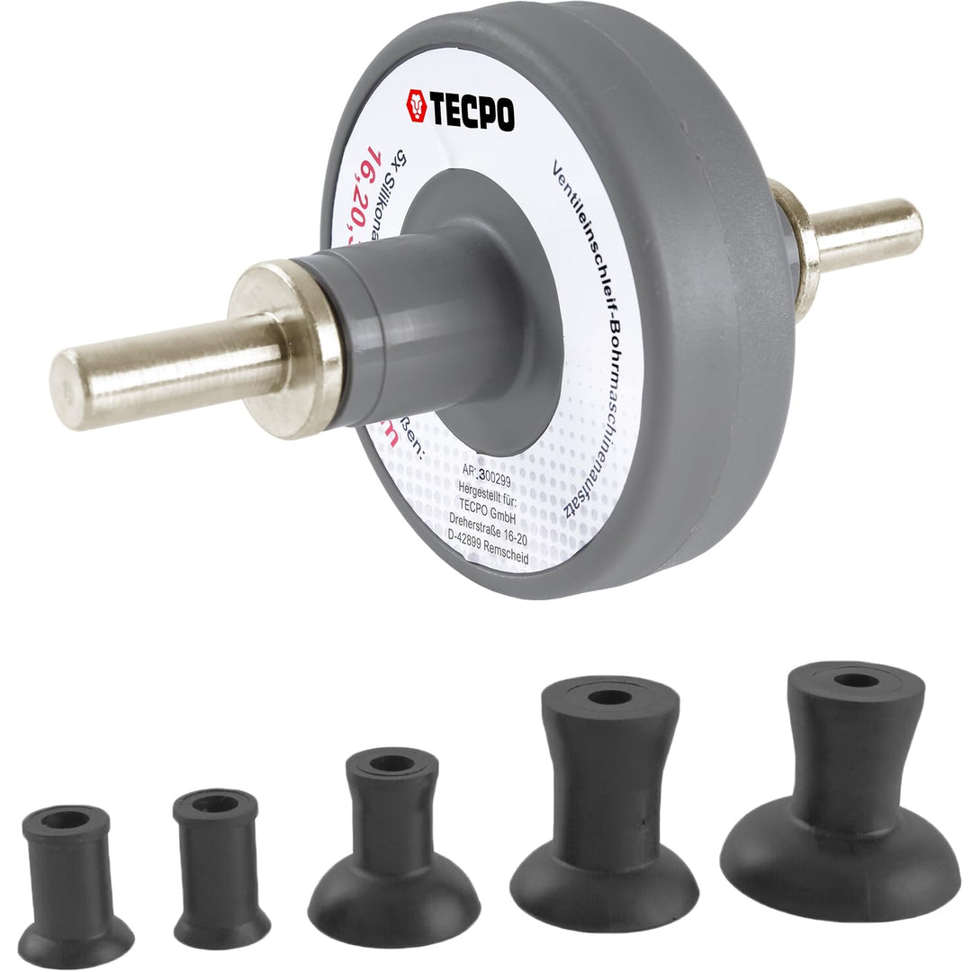 TECPO Ventileinschleif-Bohrmaschinenaufsatz mit Gummiadaptern in 5 Grössen 16-45 mm und 8 mm-Schaft,