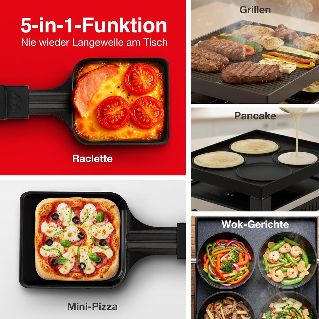 Solis 5in1 Tischgrill, Elektrischer Grill, Indoor Grill mit Raclette- und Mini-Wok-Pfännchen, Elektr