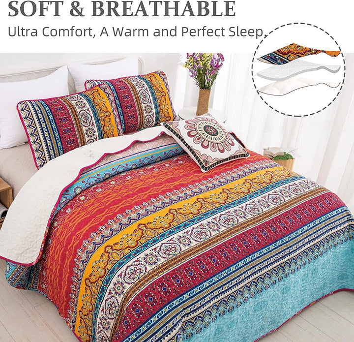 WONGS BEDDING Tagesdecke 200x220 Bettüberwurf Boho Decke Steppdecke 3 teilig Doppelbett Gesteppt Bet