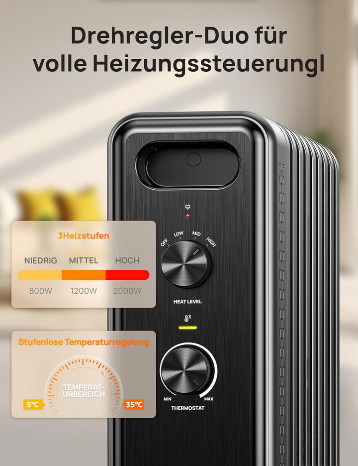 Dreo Ölgefüllter Radiator-Heizkörper mit 9 Rippen, 2000W Leiser Elektrischer Heizstrahler fürs Schla