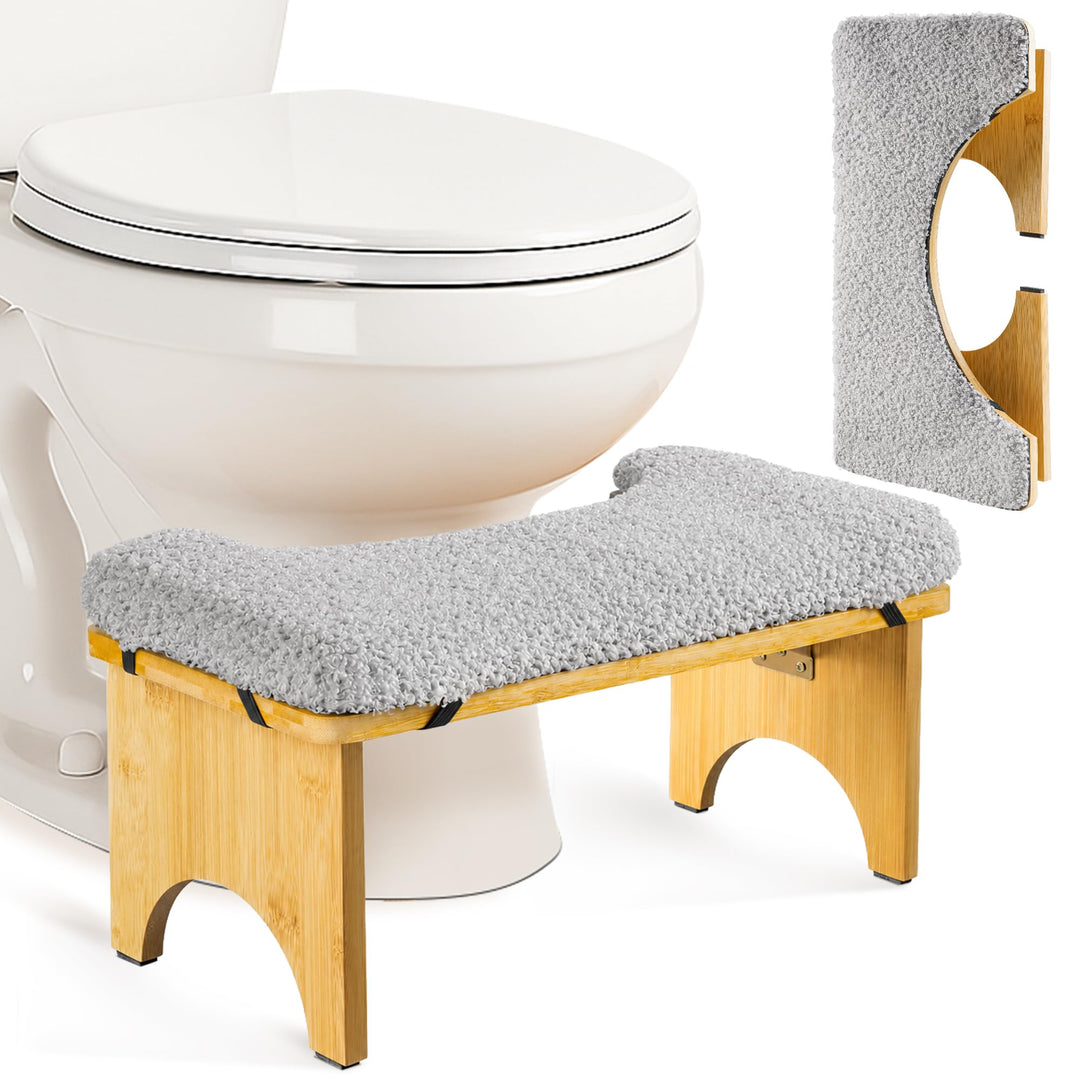 Klappbarer Toilettenhocker Erwachsene mit Komfortmatte, Klohocker aus Bambus-Holz für Badezimmer, Er