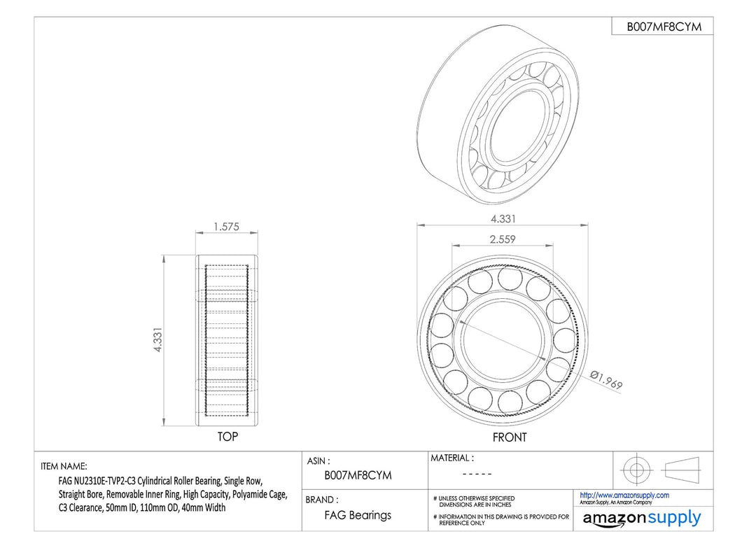 FAG nu2310e-tvp2-c3 Zylindrische Roller Bearing, einreihig, gerade Bohrung, abnehmbarer Ring innen,