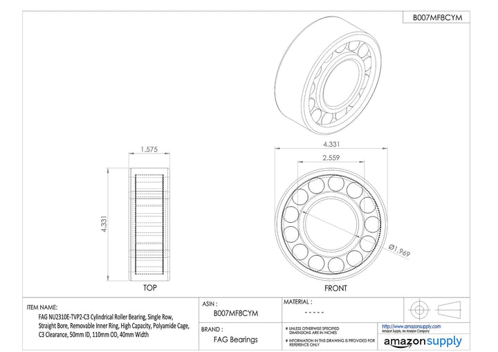 FAG nu2310e-tvp2-c3 Zylindrische Roller Bearing, einreihig, gerade Bohrung, abnehmbarer Ring innen,