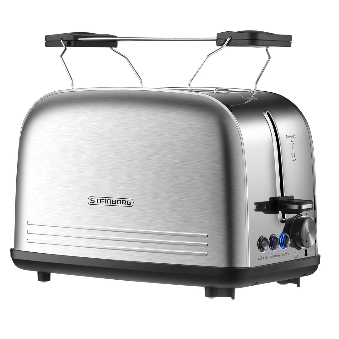 Edelstahl Toaster mit Brötchenaufsatz | Toaster 2 Scheiben | Doppelschlitz Toaster | 7 Stufen | 4 Fu