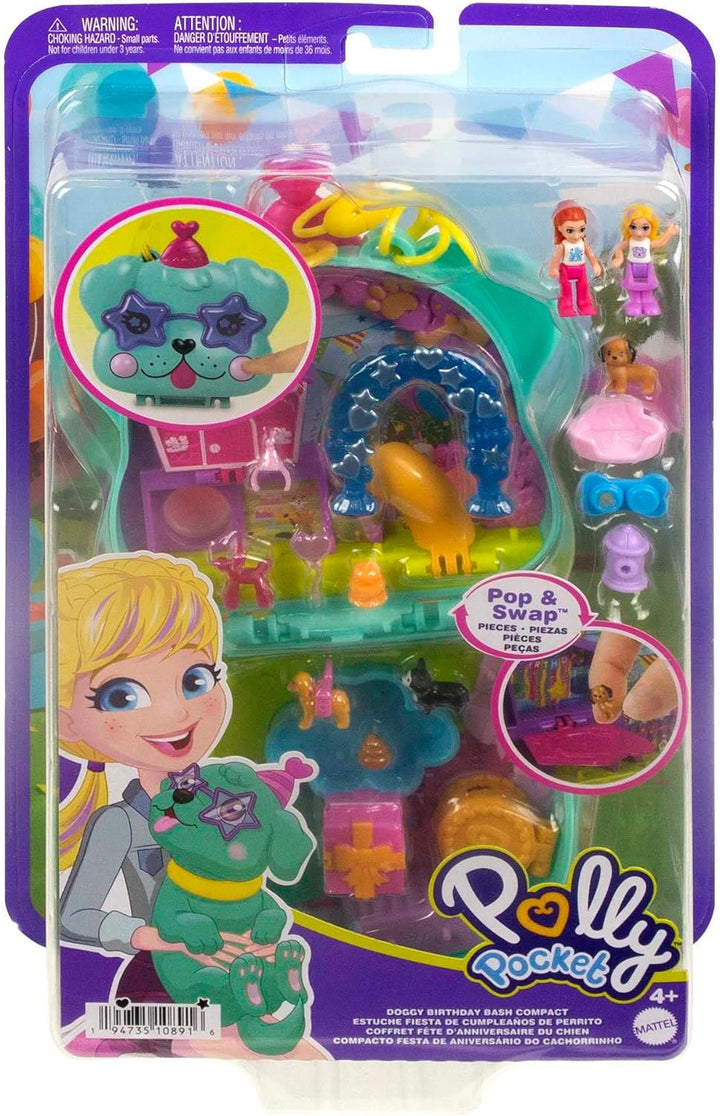 Polly Pocket Hunde-Party Schatulle - Spielset mit 2 Puppen, 5 beweglichen Spielelementen, 14 Accesso