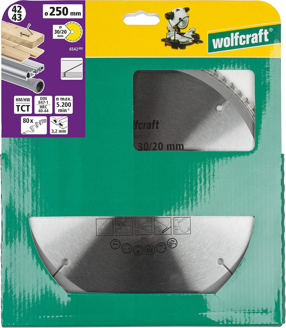 Wolfcraft 6542000 Kapp- und Gehrungssägeblatt ø 250 mm - feine, saubere Schnitte ø 250 mm 80 Zähne,