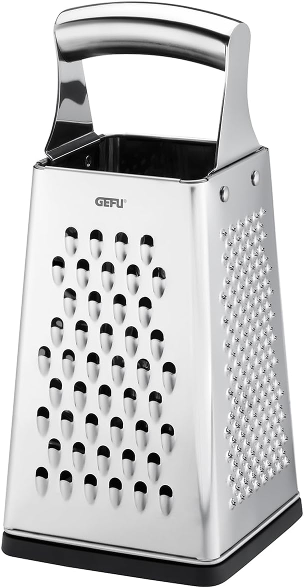GEFU Vierkantreibe GRATO aus Edelstahl mit Auffangdeckel – 4-in-1 Multireibe für Scheiben, grob & fe