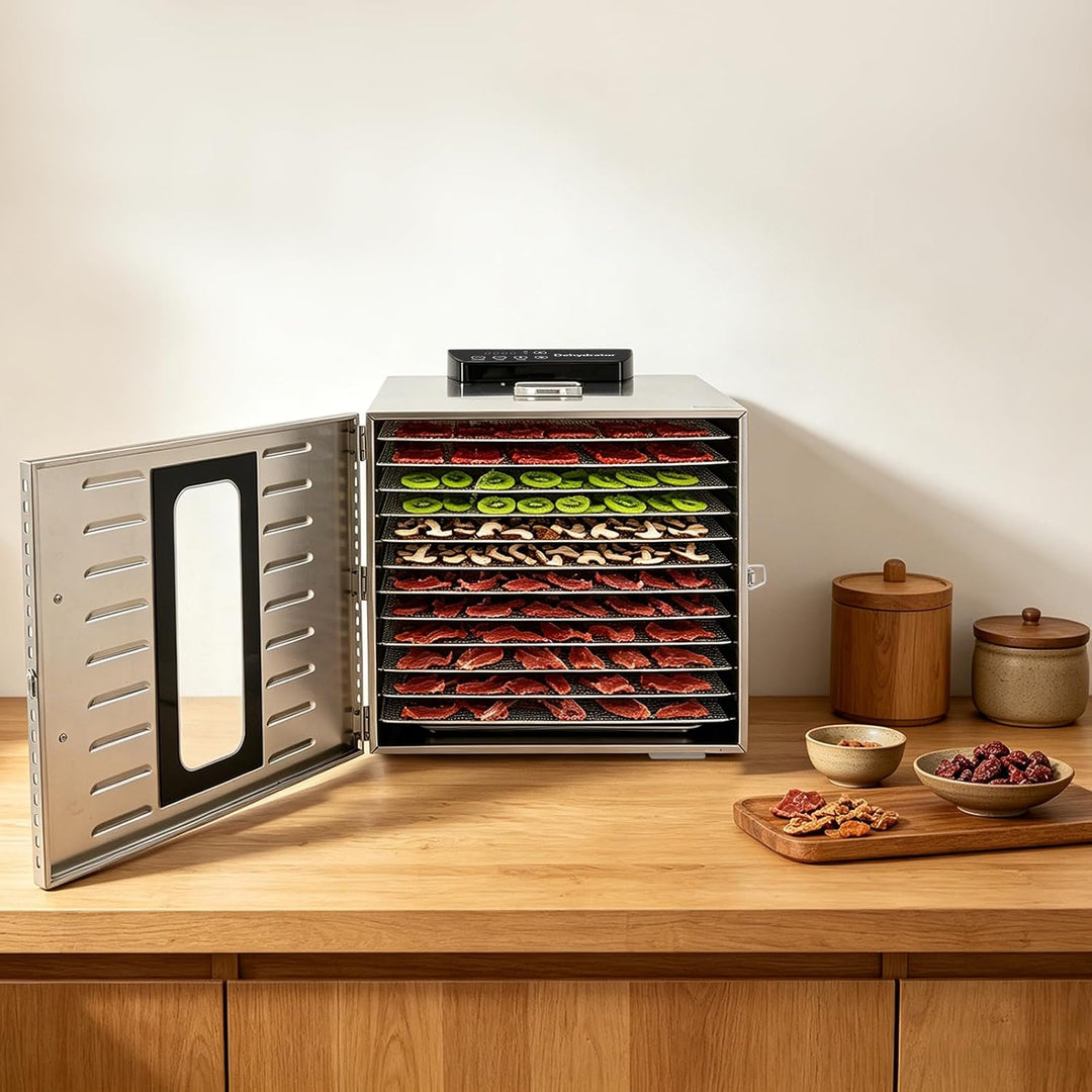 Lebensmittel-Dörrgerät 12 Edelstahl-Etagen, Dörrautomat für Obst &amp; Fleisch | 40×46×40 cm, 360° Heiss
