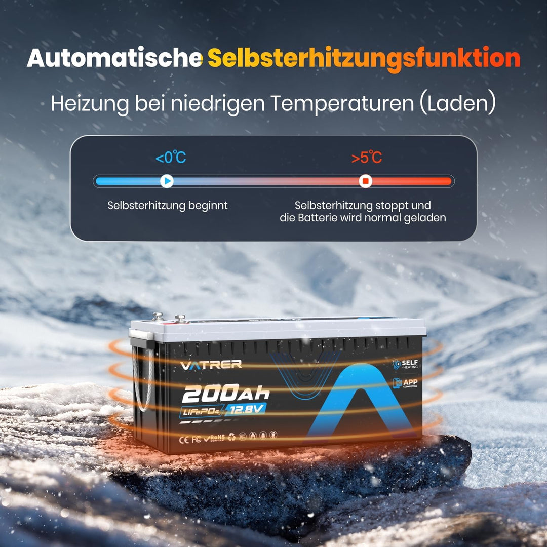 12V 200AH Selbsterwärmung LiFePO4 Lithium-Batterie mit 200A BMS über 5000 Mal Tiefzyklus -20℃ Tiefte