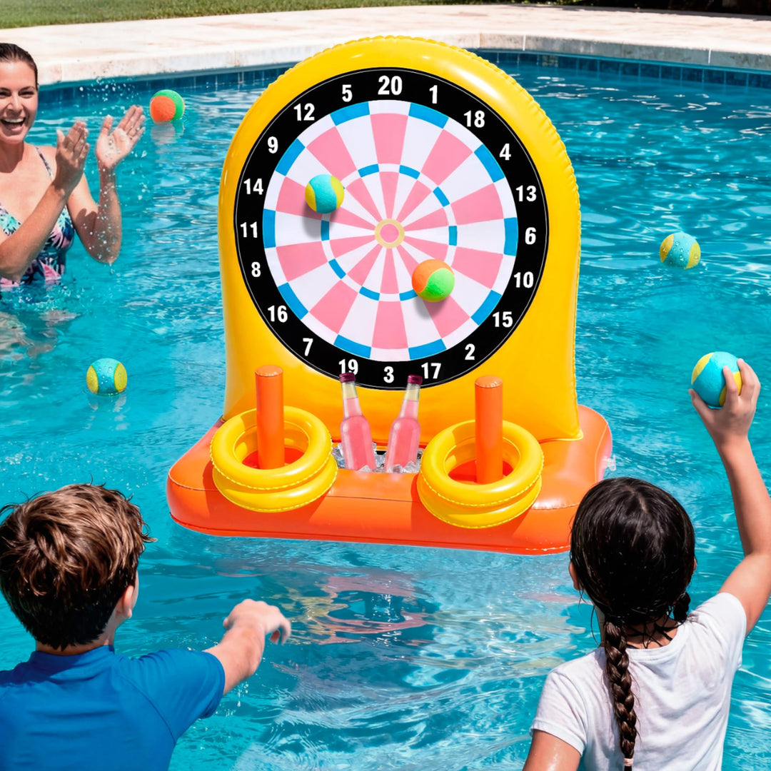 Sloosh Aufblasbares Pool-Dartspiel: Schwimmende Dartscheibe & Ringwurf-Kombi mit Getränkehalter, Eis