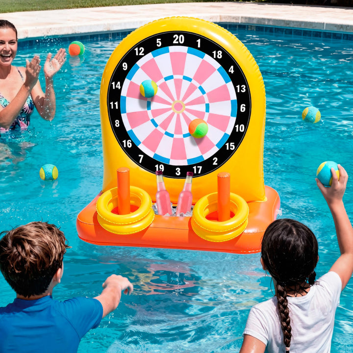 Sloosh Aufblasbares Pool-Dartspiel: Schwimmende Dartscheibe & Ringwurf-Kombi mit Getränkehalter, Eis