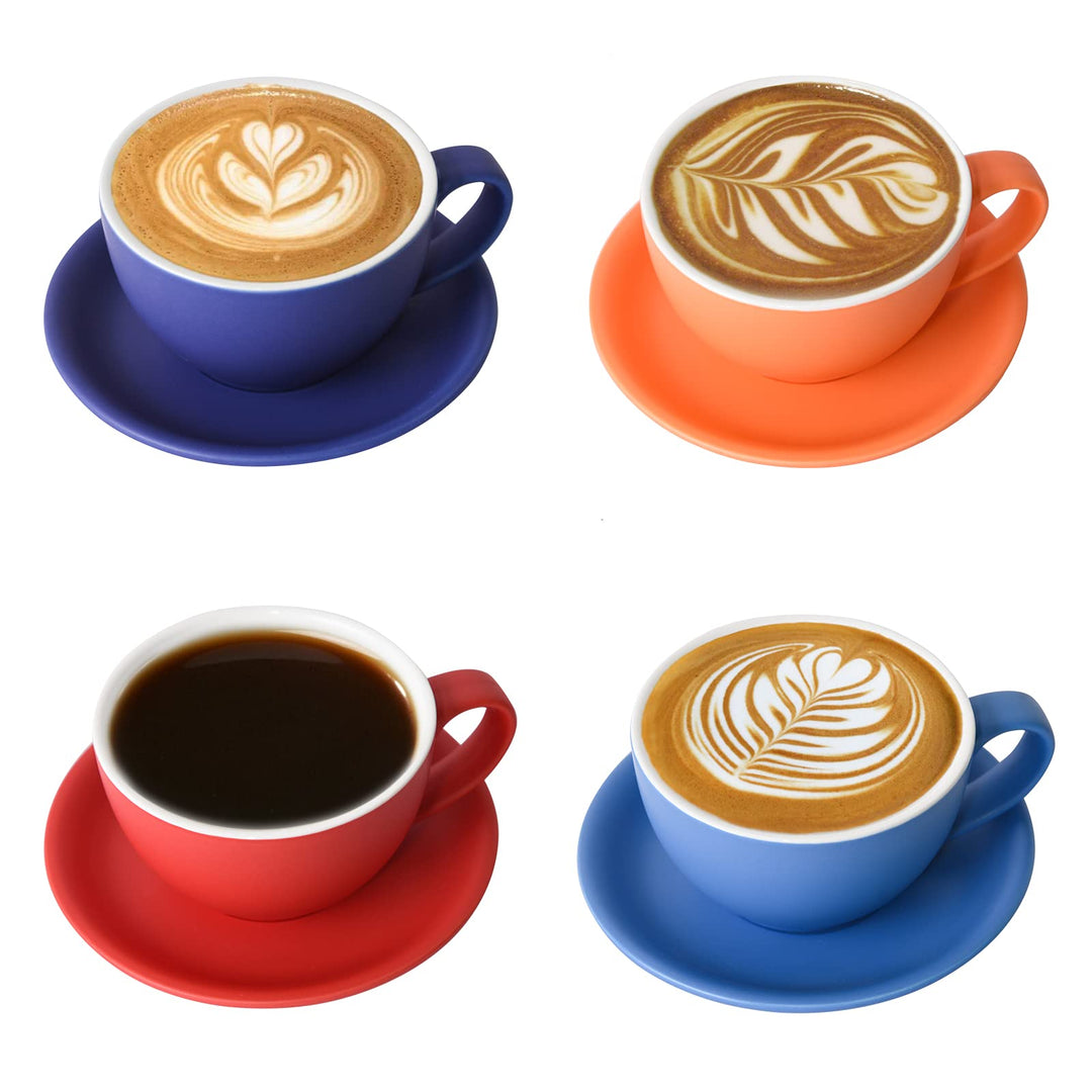 Yundu Latte-Tasse und Untertasse, Porzellan, 294 ml, für Cappuccino, Tee, Café, Mokka, 4 Stück, matt