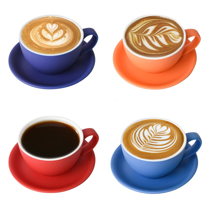Yundu Latte-Tasse und Untertasse, Porzellan, 294 ml, für Cappuccino, Tee, Café, Mokka, 4 Stück, matt