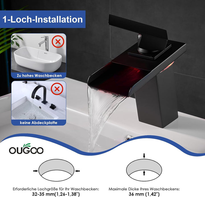 LED Einhebelmischer Waschbecken Wasserhahn, RGB 3 Farbwechsel Armatur mit Temperatursensor, Wasserfa