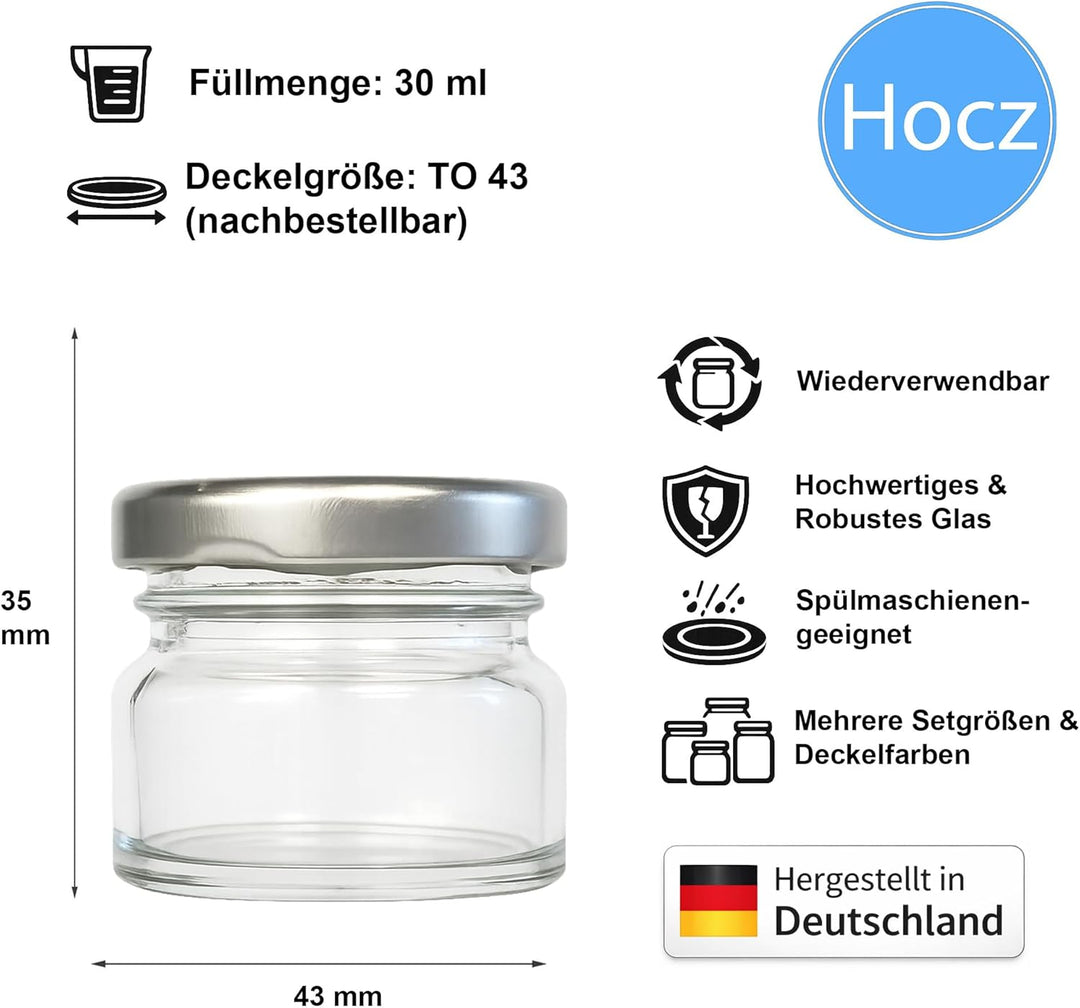 hocz 50x Mini Marmeladengläser 30 ml | mit Deckel Silber TO 43 | kleine Einmachgläser mit Schraubdec