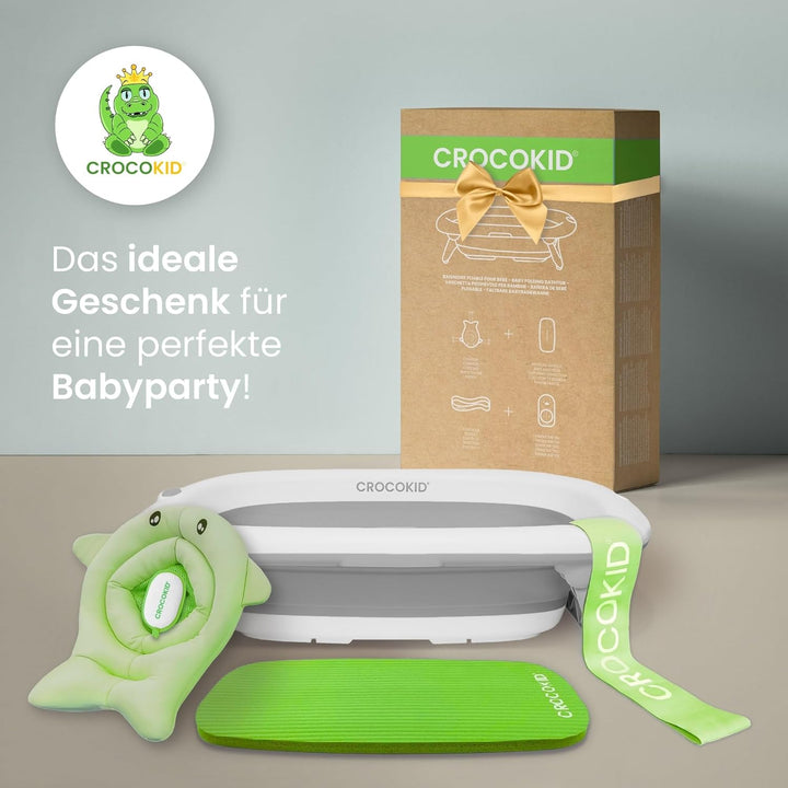 CROCOKID® Grosses Faltbares Baby-Badewannenset + 4 Unverzichtbare Zubehörteile – Tragbare XXL-Badewa