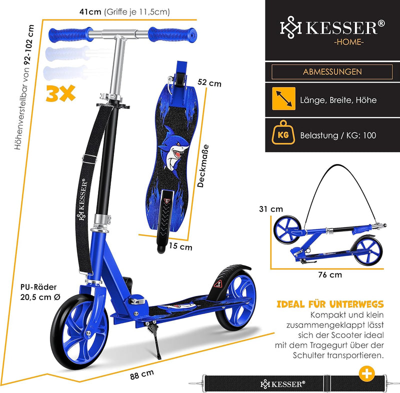KESSER® Scooter Roller Kinderroller Cityroller Tretroller Kickroller Kickscooter Shark (Blue), Shark