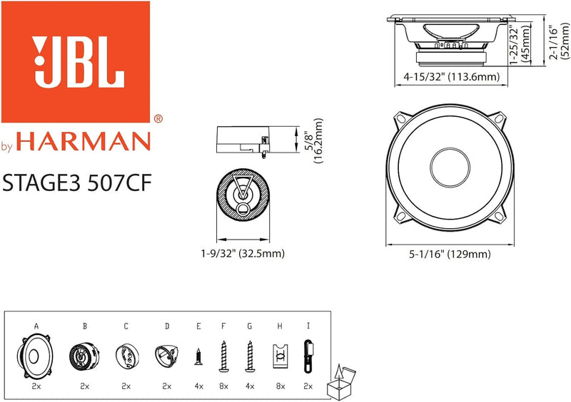 JBL Lautsprecher Auto Stage3 507CF - 135 Watt 2-Wege Komponenten Autolautsprecher Boxen Set von Harm