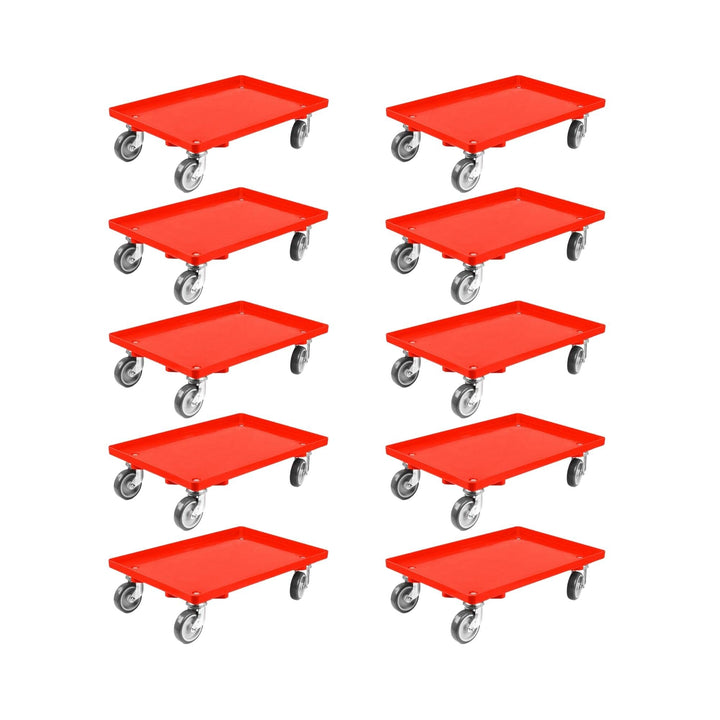SparSet 10x Transportroller für Euroboxen 60x40cm mit Gummiräder rot | Geschlossenes Deck | 4 Lenkro